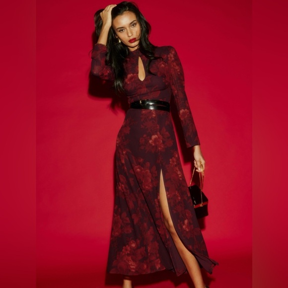 🌹 Reformation Castalia Sanguine Red Floral Print Long Sleeve Side Slit Dress